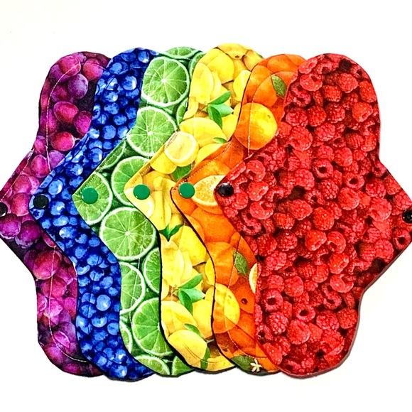 Six Heavy Plus Menstrual Pads in Fruits Ptint, Made in Canada Cloth Pad Set. - Picture 1 of 8